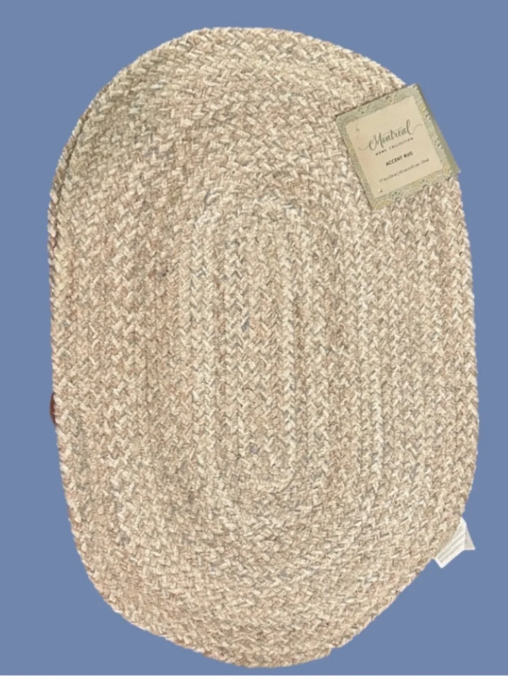 Beach Tan White Blue Braided Oval Jute Rug Natural Beige + Blue New Size 17 x 24